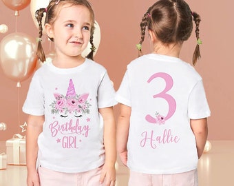 personalised unicorn Birthday T-shirt with optional back print. unicorn tshirt, unicorn themed birthday tee for girls