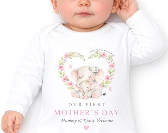 First Mother's Day personalised  sleepsuit, vest or bib - cuddling elephant custom name gift for mum
