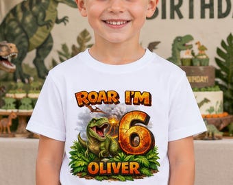 Dinosaur Birthday Shirt, T-Rex Personalised Boys T-Shirt, Custom Age Dinosaur Party Outfit