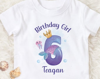 Girls personalised mermaid 6th birthday shirt, sixth birthday shirt for girls, personalized mermaid tee , mermaid gift for 6 year old