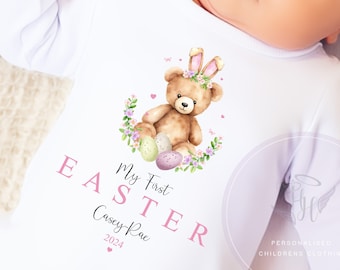 My First Easter Babygrow, cute teddy bear design sleepsuit, bodysuit or bib for baby girls