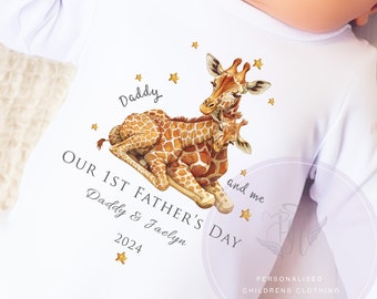 Daddy and Me 1st Father's Day giraffe Babygrow in Classic White, sleepsuit, bodysuit or bib  gift for dad