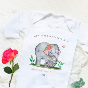 Personalised 1st Mother&#39;s Day Babygrow with mummy and baby elephant for baby  girls, first mother&#39;s day gift