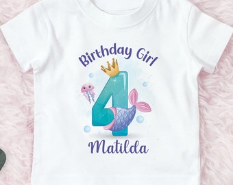 Girls personalised mermaid 4th birthday shirt, fourth birthday shirt for girls, personalized mermaid tee , mermaid gift for 4 year old