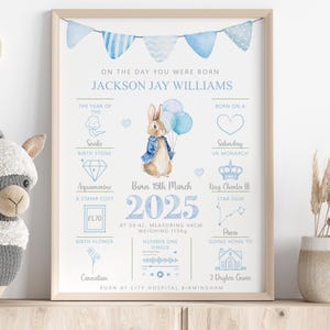 Lámina personalizada "El día que naciste" para bebé/Regalo para bebé/Impresión con detalles de nacimiento de conejito para niño