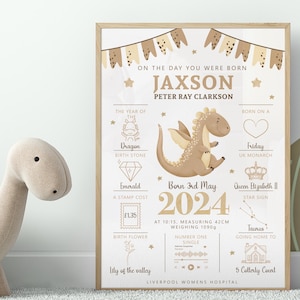 "Personalisierter Dinosaurier ""On the Day You Were Born"" neutrale Wandkunst - Baby-Andenken-Geschenk (Ungerahmt) - Dino-Kinderzimmer Dekor."