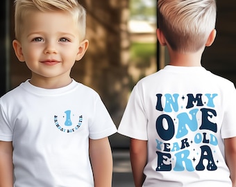May include: White t-shirt with blue text and graphics. The front of the shirt says "1st Birthday Boy Cart" in a blue font. The back of the shirt says "In My One Year Old Era" in a retro blue font.