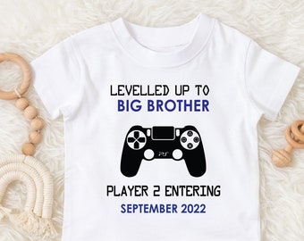 Big Brother-gamer-T-shirt, T-shirt met zwangerschapsaankondiging. Player 2 instapshirt/gaming Big Brother-T-shirt.