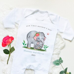Personalised 1st Mother&#39;s Day Babygrow with mummy and baby elephant for baby boys, first mother&#39;s day gift