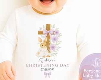 personalised Christening day outfit  – Soft Cotton Baby baptism sleepsuit cute Bunny Design- naming day gift for girls, keepsake baby grow