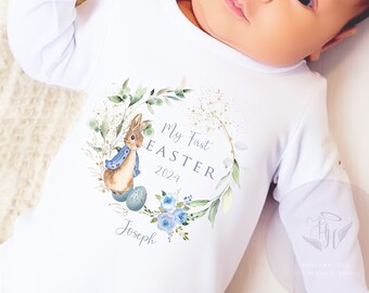 Little rabbit my first easter babygrow, my first easter outfit, baby boys easter outfit, my first easter baby vest, my 1st easter sleepsuit