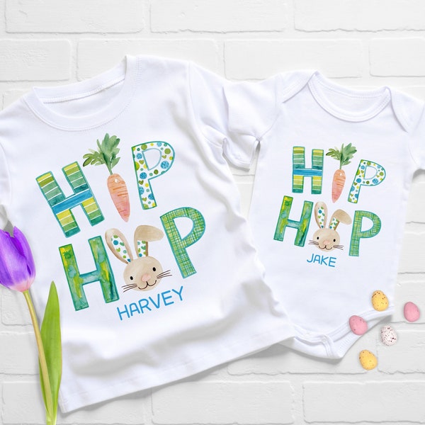 Personalised Boys Easter T-shirt or Bodysuit - Easter shirt for boys - Hip Hop Bunny tee - Siblings Matching Easter - cute  Easter Gift