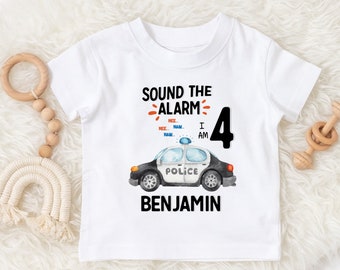 personalised police car T-shirt police vehicle tshirt policeman tee,sound the alarm tee shirt or bodysuit any age toddler shirt