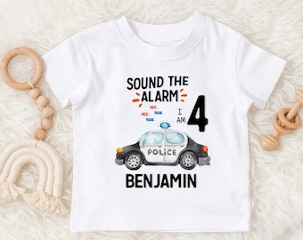 personalised police car T-shirt police vehicle tshirt policeman tee,sound the alarm tee shirt or bodysuit any age toddler shirt