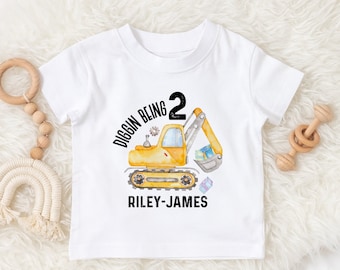 2nd  birthday digger shirt, diggin being 2 second birthday t shirt,construction birthday tee for two year old