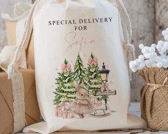 Personalised large santa  CHRISTMAS SACK for girls , xmas toy sack with  name and sugerplum bunny, personalised stocking ,christmas gift