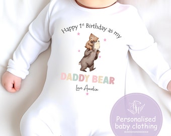 Happy 1st Birthday as My Daddy - Daddy Bear Baby outfit for girls with personalised  Name, cute bodysuit,sleepsuit or bib  gift for new dad,