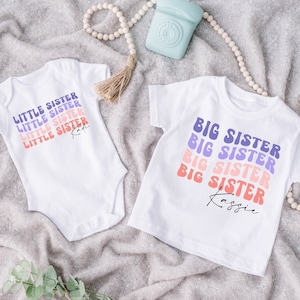 Big sister retro shirt, little sister baby grow, Cute Siblings Kids personalised Tees,  baby bodysuit  matching sister tshirts