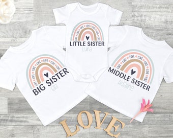 Große, mittlere, kleine Schwester Geschwister T-Shirt niedlichen Regenbogen-Design