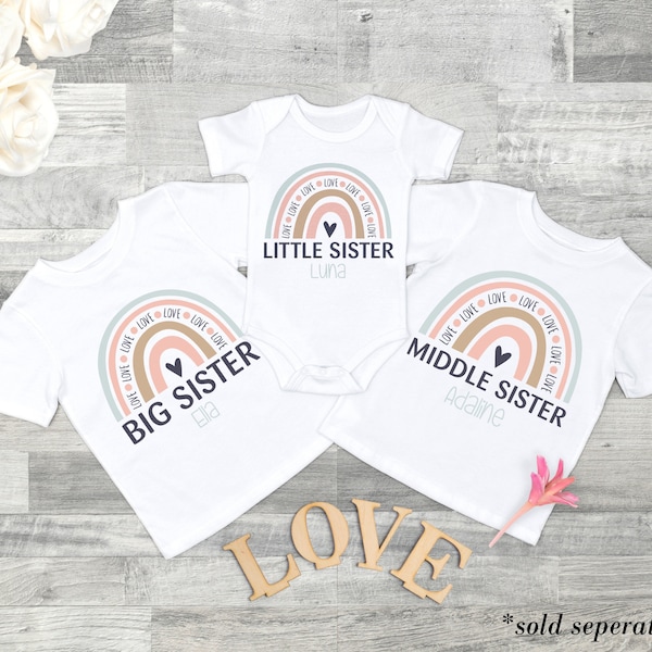 Big , middle, little sister sibling t shirt cute rainbow design