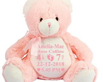 personalised baby teddy with birth details