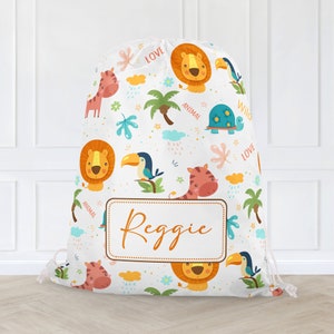 SAC À IMPRIMÉ ANIMALIER | Sac à cordon en forme d'animal de la jungle | Sac à dos pour école d'animaux de la maternelle | Sac à dos préscolaire pour enfants avec nom personnalisé | Cadeaux pour les amoureux des animaux