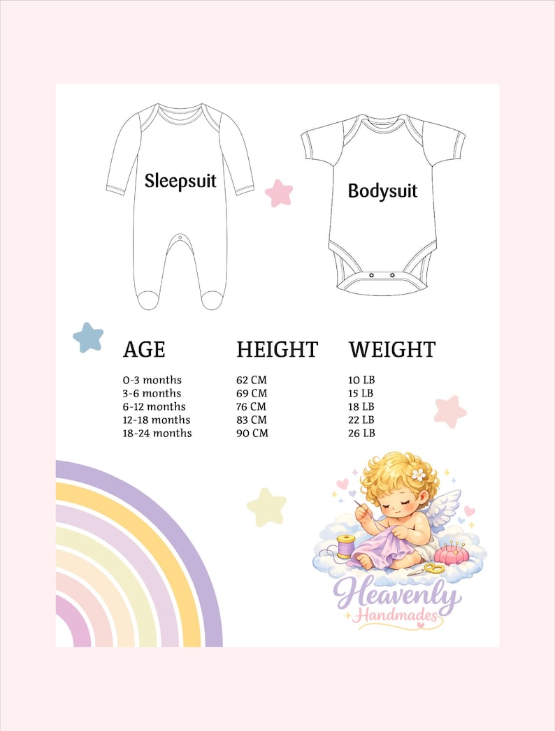 May include: A pink and white graphic showing a sleepsuit and bodysuit, with baby size information in cm and lbs. The image includes an angel illustration and the text "Heavenly Handmades". The size chart covers ages from 0-3 months to 18-24 months.
