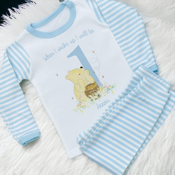 Pijama de cumpleaños para niños personalizado con nombre y edad, cuando despierte seré un pequeño osito Winnie the Pooh clásico, pijama o pijama.