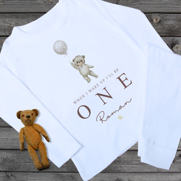 birthday pajamas for children personalised with name and age, when I wake up I’ll be one  teddy bear design pyjamas
