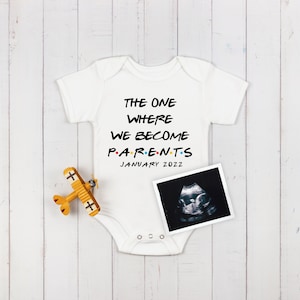 Personalised Pregnancy Announcement Baby Vest Friends Themed  cute BODYSUIT Funny babygrow The one where we become parents