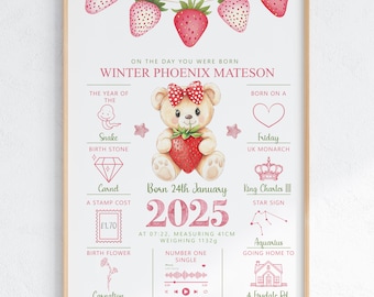 On The Day You Were Born Personalised Baby Keepsake Print | New Baby  Girl Gift | cute strawberry bear Baby Birth Details Print