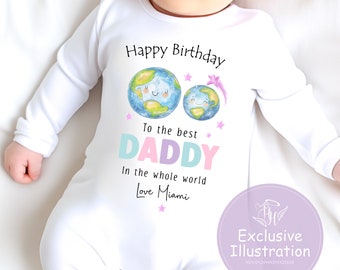 Happy Birthday daddy baby outfit - best dad in the world babygrow  with personalised  Name, cute planet design sleepsuit for girls