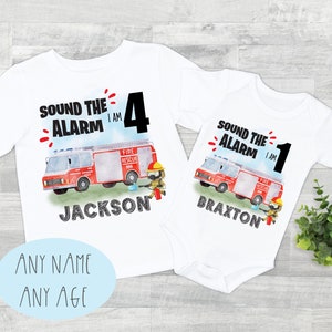 personalised fire engine T-shirt firetruck tshirt sound the alarm , emergeny services themed shirt or bodysuit any age