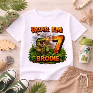 Personalised dinosaur birthday shirt with T Rex design roar im age custom name kids white t shirt