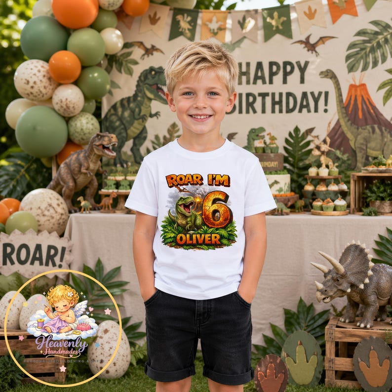 Boy wearing custom dinosaur birthday t shirt roar im age T Rex design personalised name top