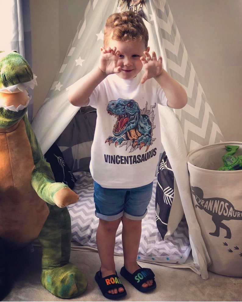 Nameasaurus Children's personalised dinosaur T-shirt image 1