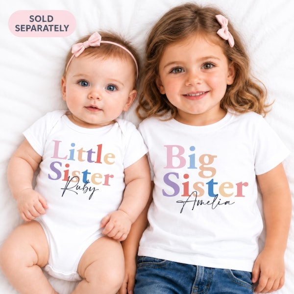 Ensembles assortis Grande Sœur Petite Sœur, T-shirt personnalisé pour frères et sœurs et body bébé, T-shirts arc-en-ciel pour sœurs
