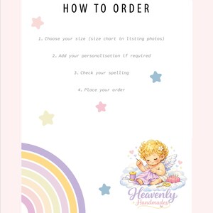 A white graphic with the title "HOW TO ORDER" and four numbered steps, along with a rainbow and a cherub logo.