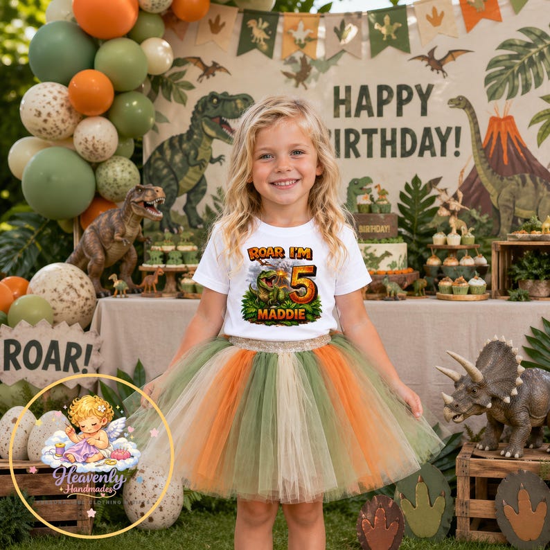 Girl wearing personalised dinosaur birthday shirt at dinosaur party roar im age custom name outfit