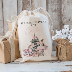 Personalised large santa  CHRISTMAS SACK for girls , xmas toy sack with  name and sugerplum fairy, personalised stocking ,christmas gift