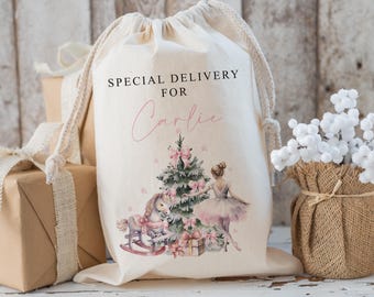 Personalised large santa  CHRISTMAS SACK for girls , xmas toy sack with  name and sugerplum fairy, personalised stocking ,christmas gift