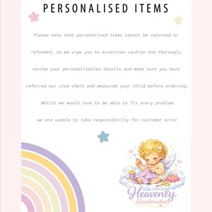A white graphic with the title "PERSONALISED ITEMS" and text about returns, along with a rainbow and a cherub logo.