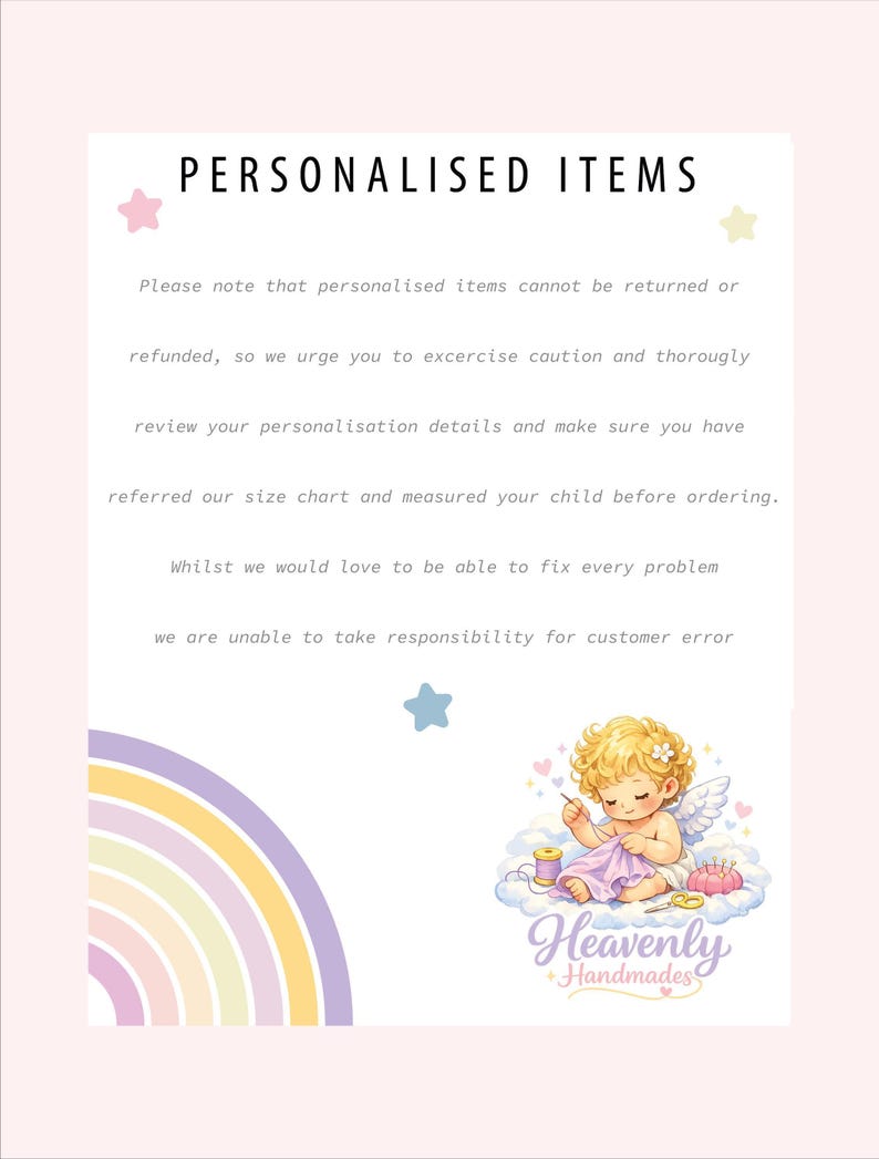 A white graphic with the title "PERSONALISED ITEMS" and text about returns, along with a rainbow and a cherub logo.