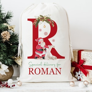 Gepersonaliseerde grote kerstmanKERSTZAK voor kinderen, kerstspeelgoedzak met naam en initiaal, gepersonaliseerde kous, kerstcadeau
