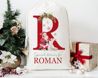 Personalised large santa  CHRISTMAS SACK for kids , xmas toy sack with  name and initial, personalised stocking ,christmas gift
