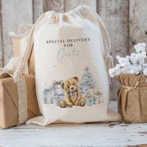 Personalised large santa  CHRISTMAS SACK for boys , xmas toy sack with  name and christmas bear  personalised stocking , christmas gift