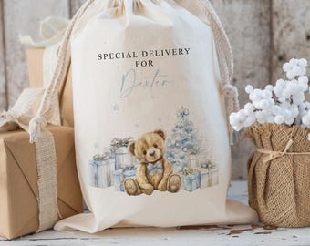 Personalised large santa  CHRISTMAS SACK for boys , xmas toy sack with  name and christmas bear  personalised stocking , christmas gift