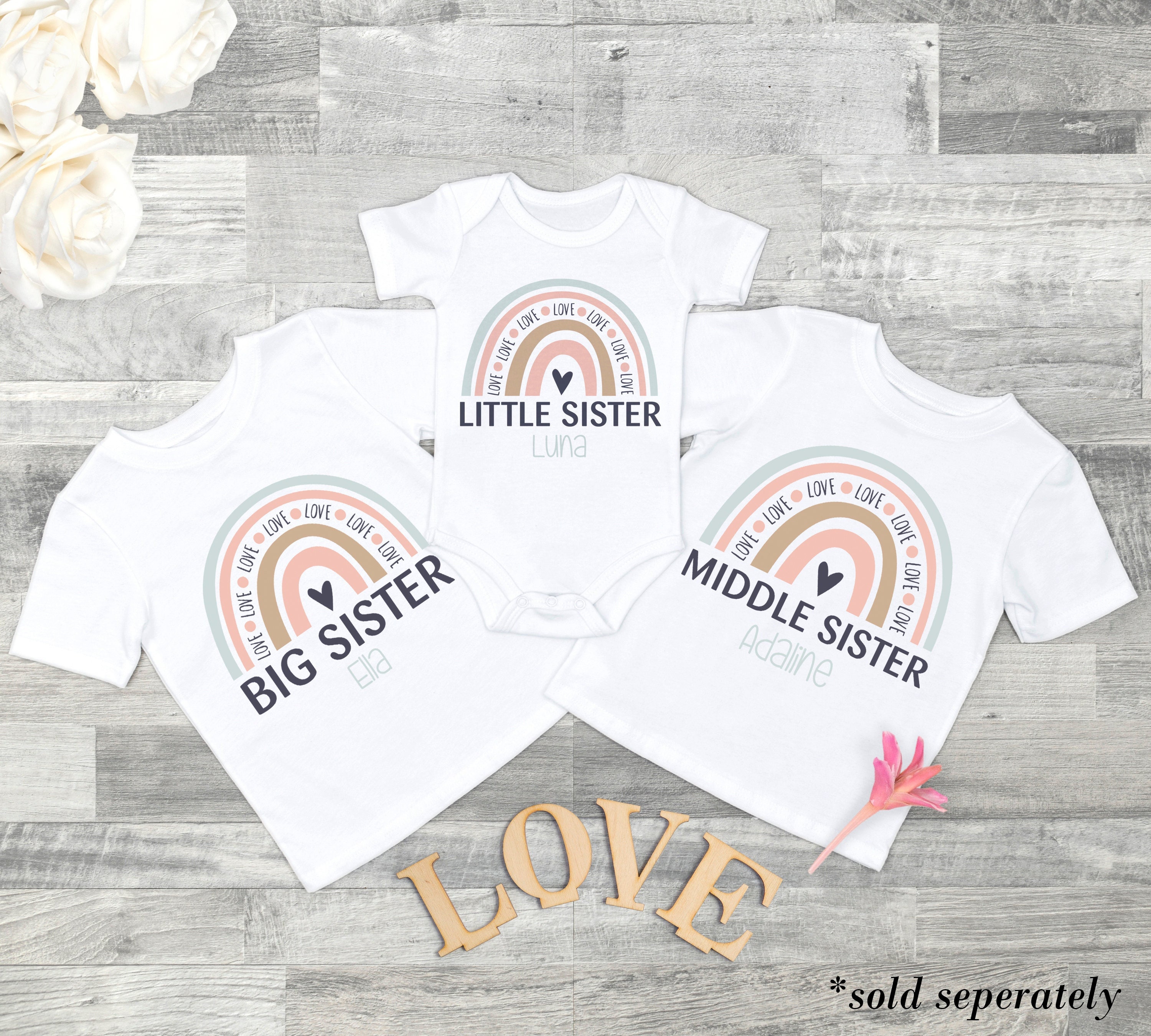 T-shirt grote, middelste, kleine zus, schattig regenboogontwerp