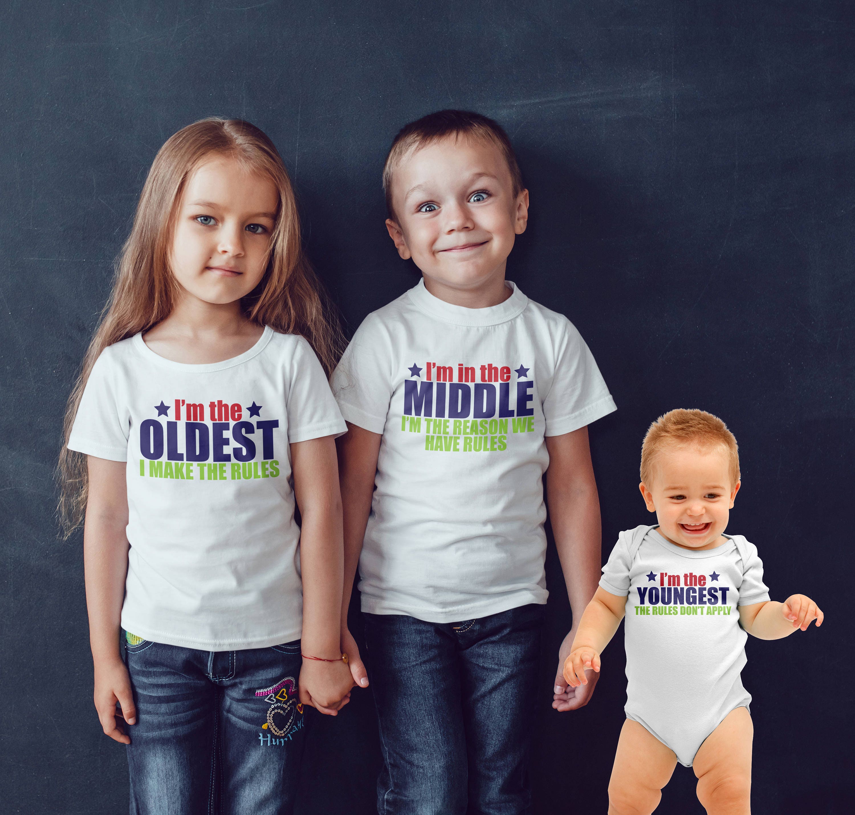 Brother Set T-Shirts – “I’m The Oldest / Middle / Youngest Child” Navy Shirts For Siblings - View #6