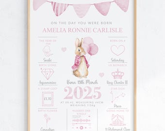 On The Day You Were Born Personalised Baby Keepsake Print | New Baby girl  Gift |little rabbit Baby Birth Details Print